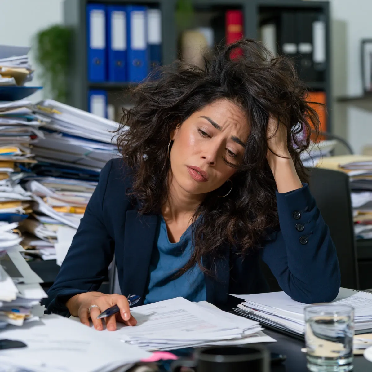 A business owner at a desk buried in stacks of paper and folders, one hand in her hair, looking overwhelmed.