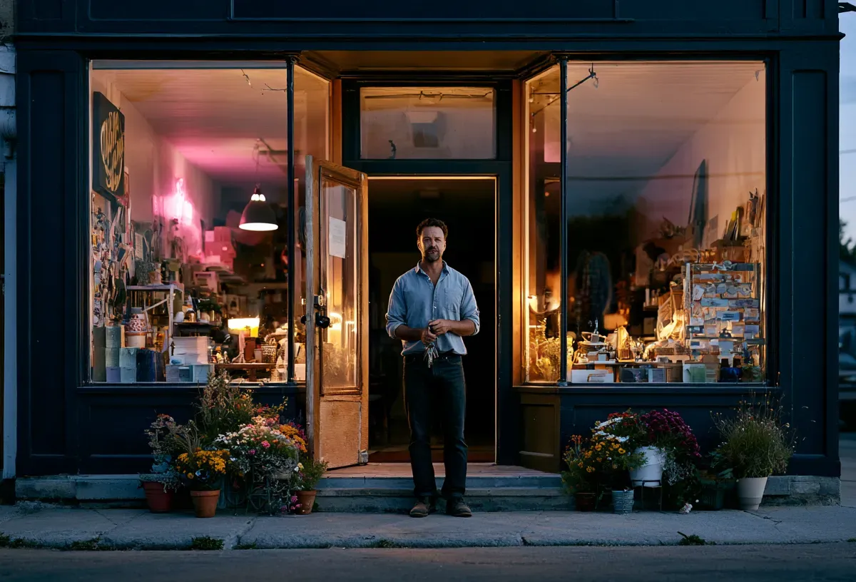 A storefront that only appears to open when its owner is standing in the doorway holding the keys.