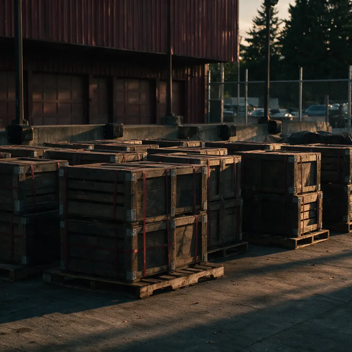 Neatly stacked shipping crates and pallets waiting on a quiet loading dock at golden hour, an orderly backlog of paused work.