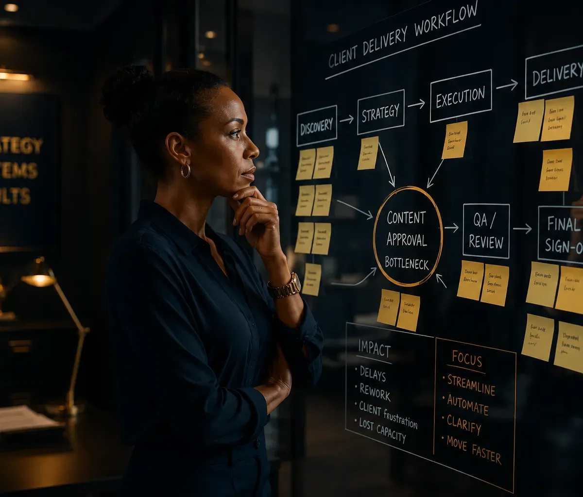 A business owner mapping a workflow on a wall of sticky notes, tracing where the work stops and waits.