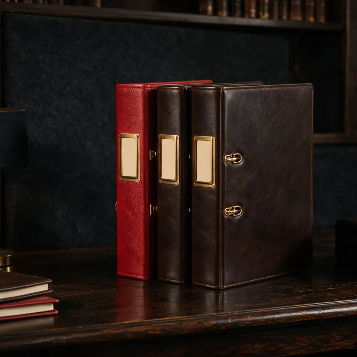 Three neatly labeled binders standing on a dark wooden desk, lit by warm low light.