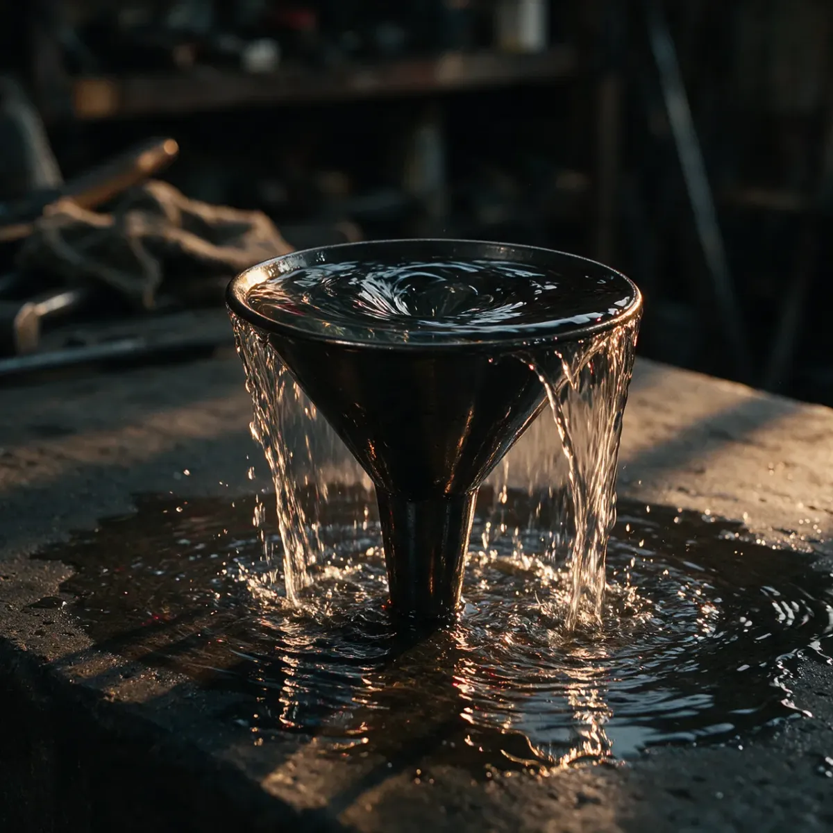A narrow metal funnel overflowing on a workbench, more liquid poured in than can pass through, lit by warm side light.