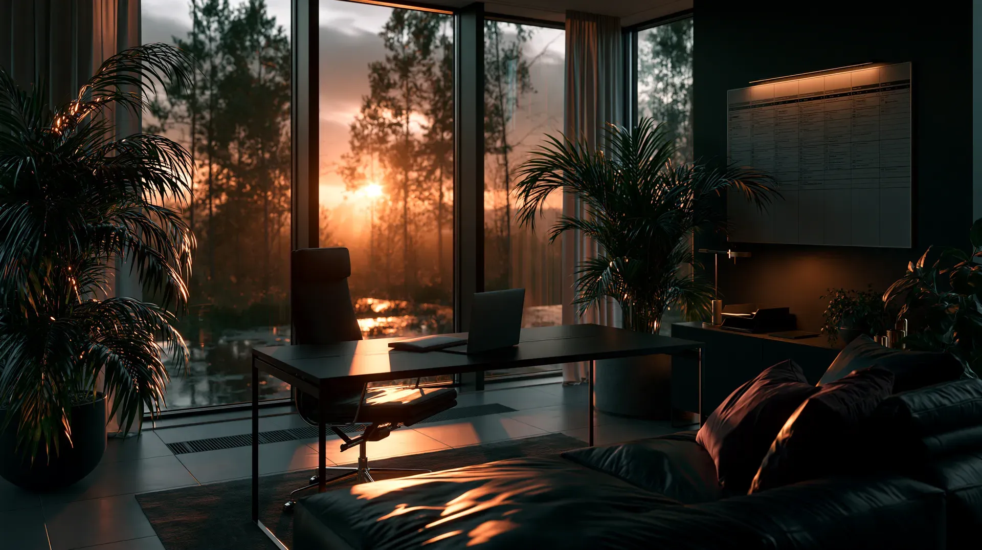 A modern executive office at dusk: a desk with a laptop, a leather sofa, and floor-to-ceiling windows looking out on a sunset over trees.