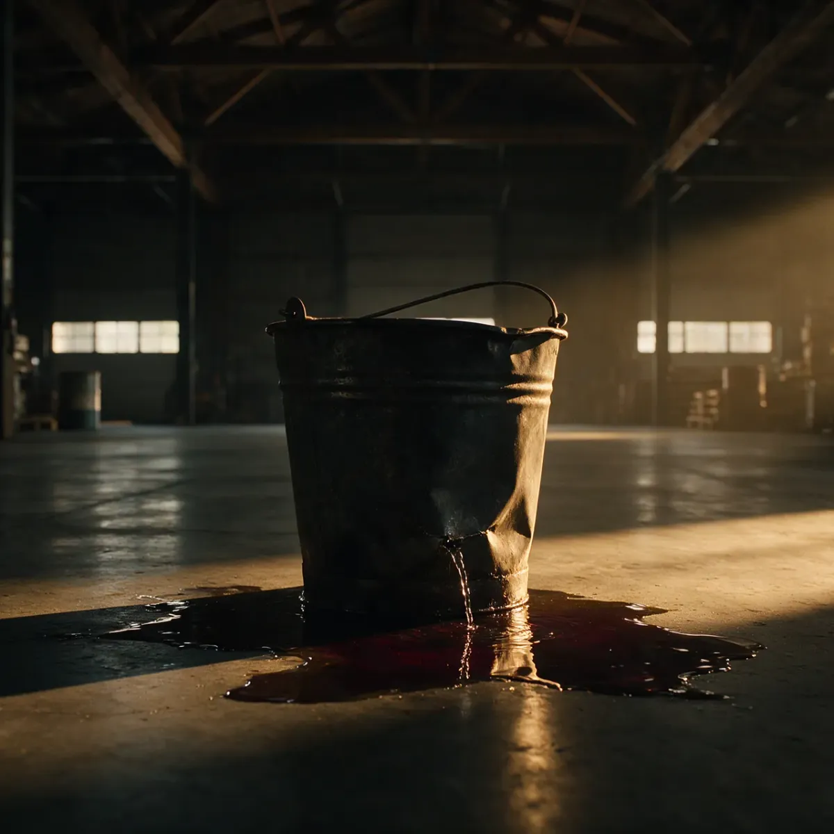 A weathered metal bucket on a concrete floor leaking water into a pool beneath it, lit by a single shaft of warm light.