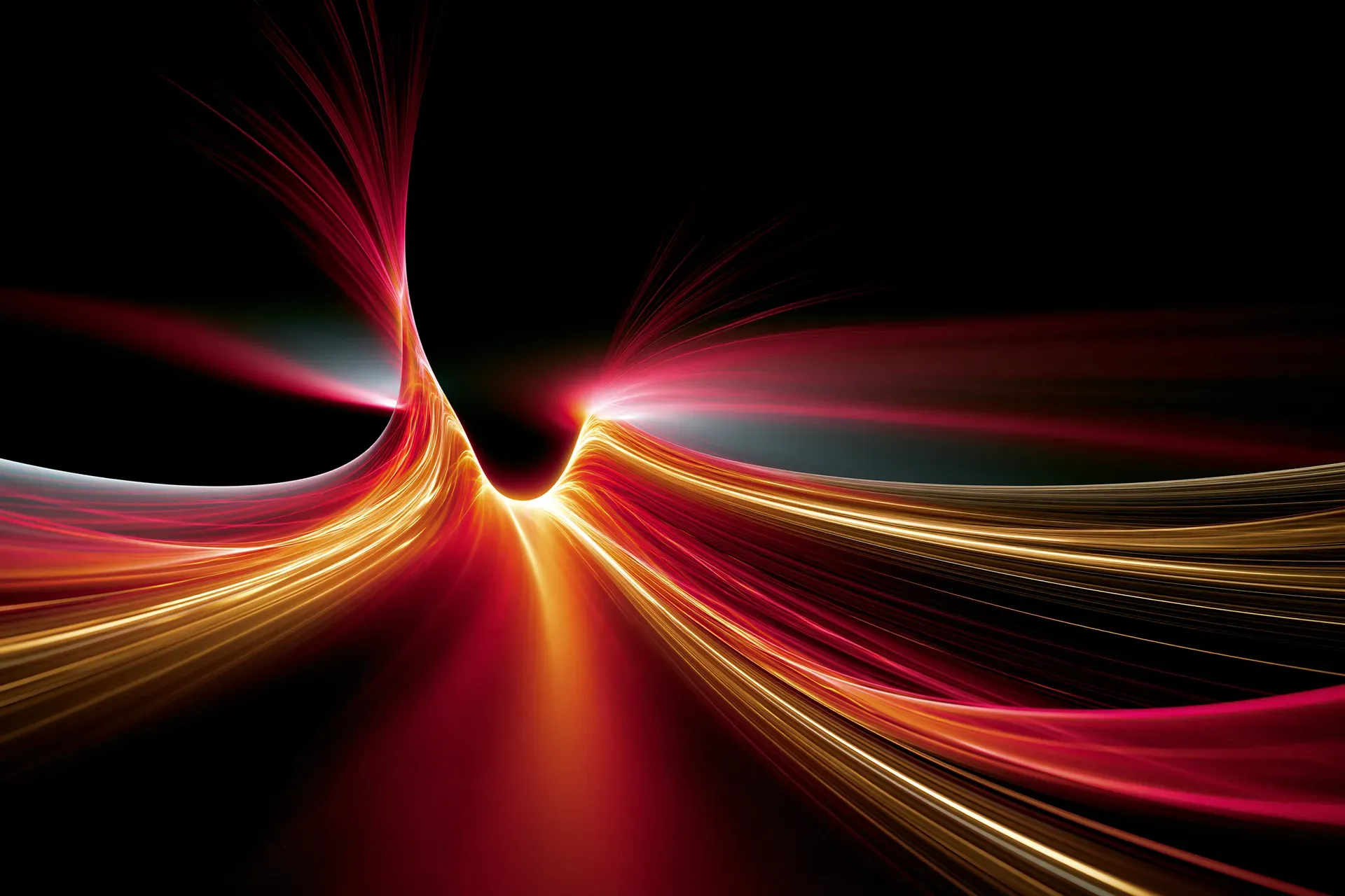 An abstract image of many crimson and gold light streams converging and passing through a single narrow point against black, a visual metaphor for a bottleneck.