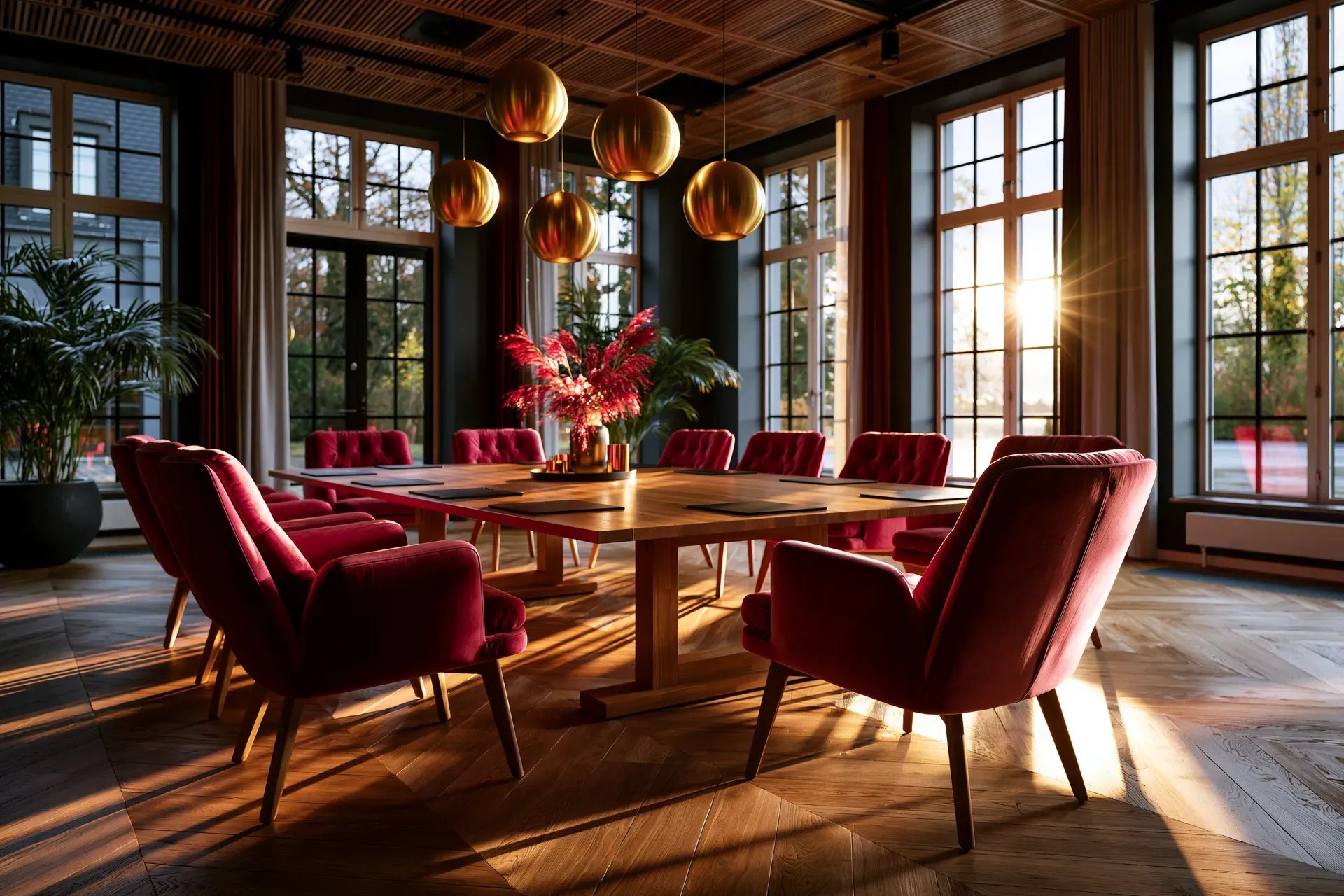 A warm boardroom with crimson velvet chairs around a wooden table, gold pendant lights overhead, and sunlight coming through tall windows.