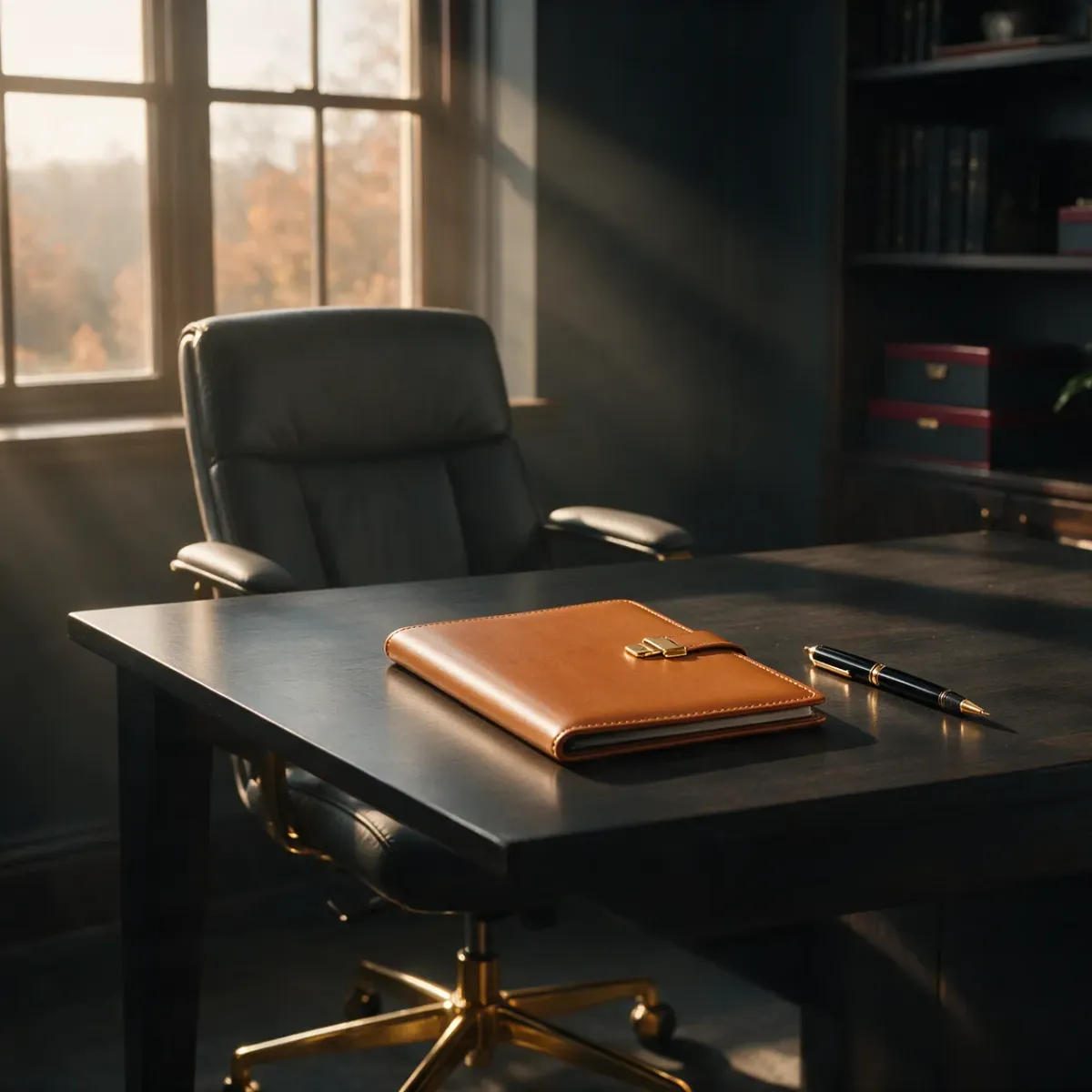 A tidy empty desk prepared for a new hire, a closed welcome binder and a pen centered, warm morning light in a dark office.