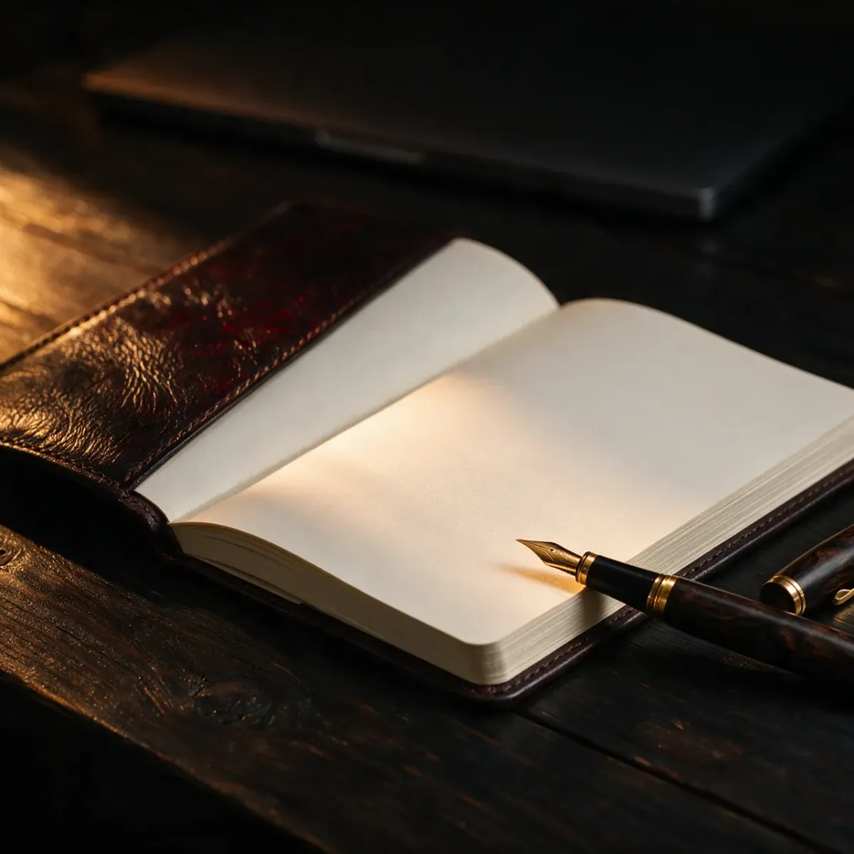An open blank leather notebook and a fountain pen on a dark wooden desk in warm, low light.