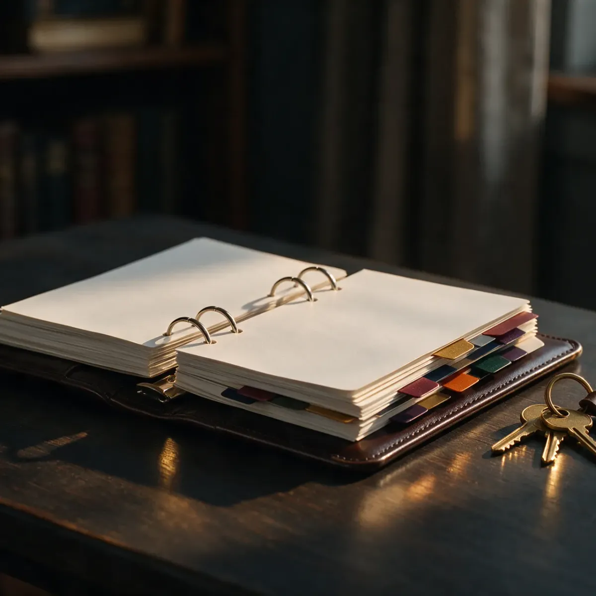 An open binder with color-coded tabbed dividers on a dark wooden desk, a set of keys resting beside it, lit by warm low light.