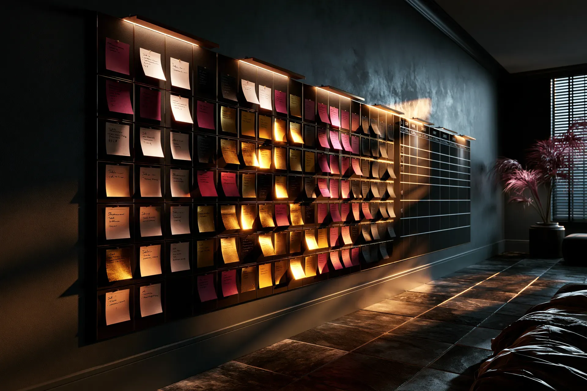 A wall of labeled pigeonhole slots holding crimson and gold papers, warmly lit, like a physical board that routes work to the right place.