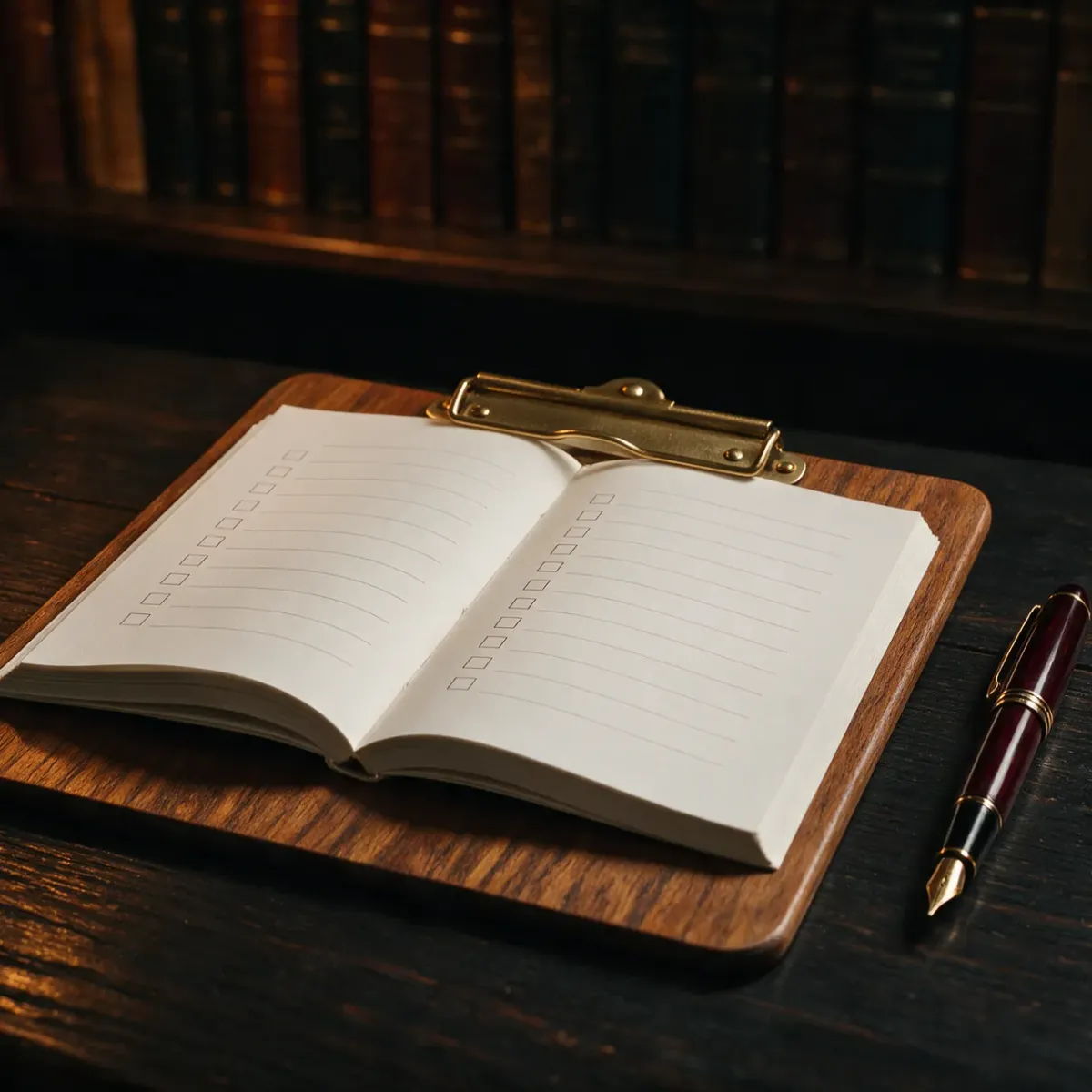 An open printed checklist on a wooden clipboard on a dark desk, a pen resting beside it, lit by warm low light.