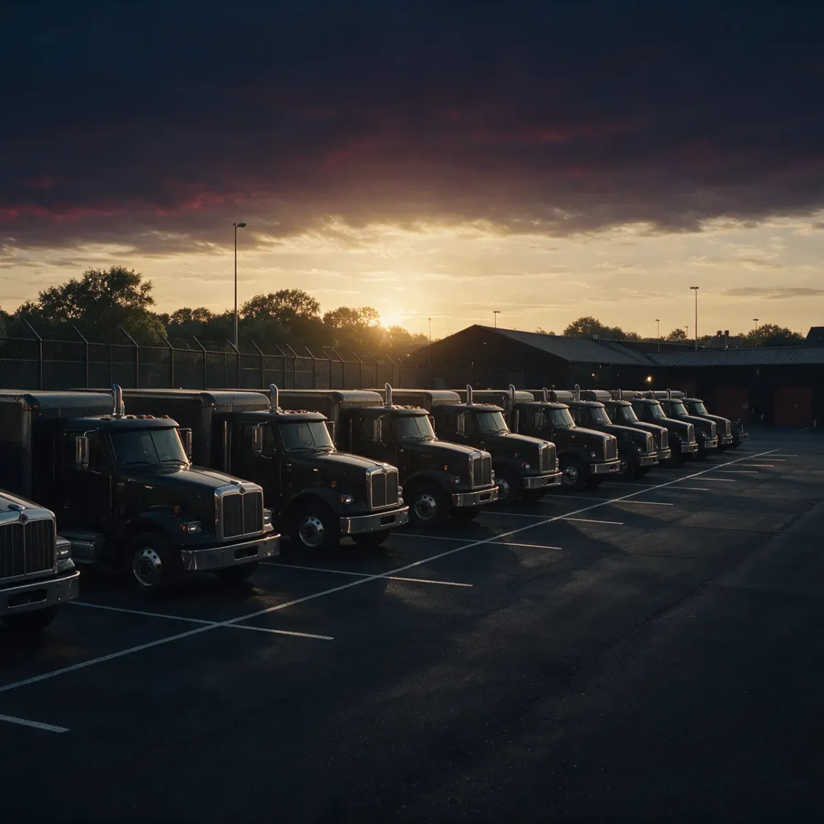 A row of clean parked delivery trucks in an orderly depot yard at golden-hour dawn, calm and empty.