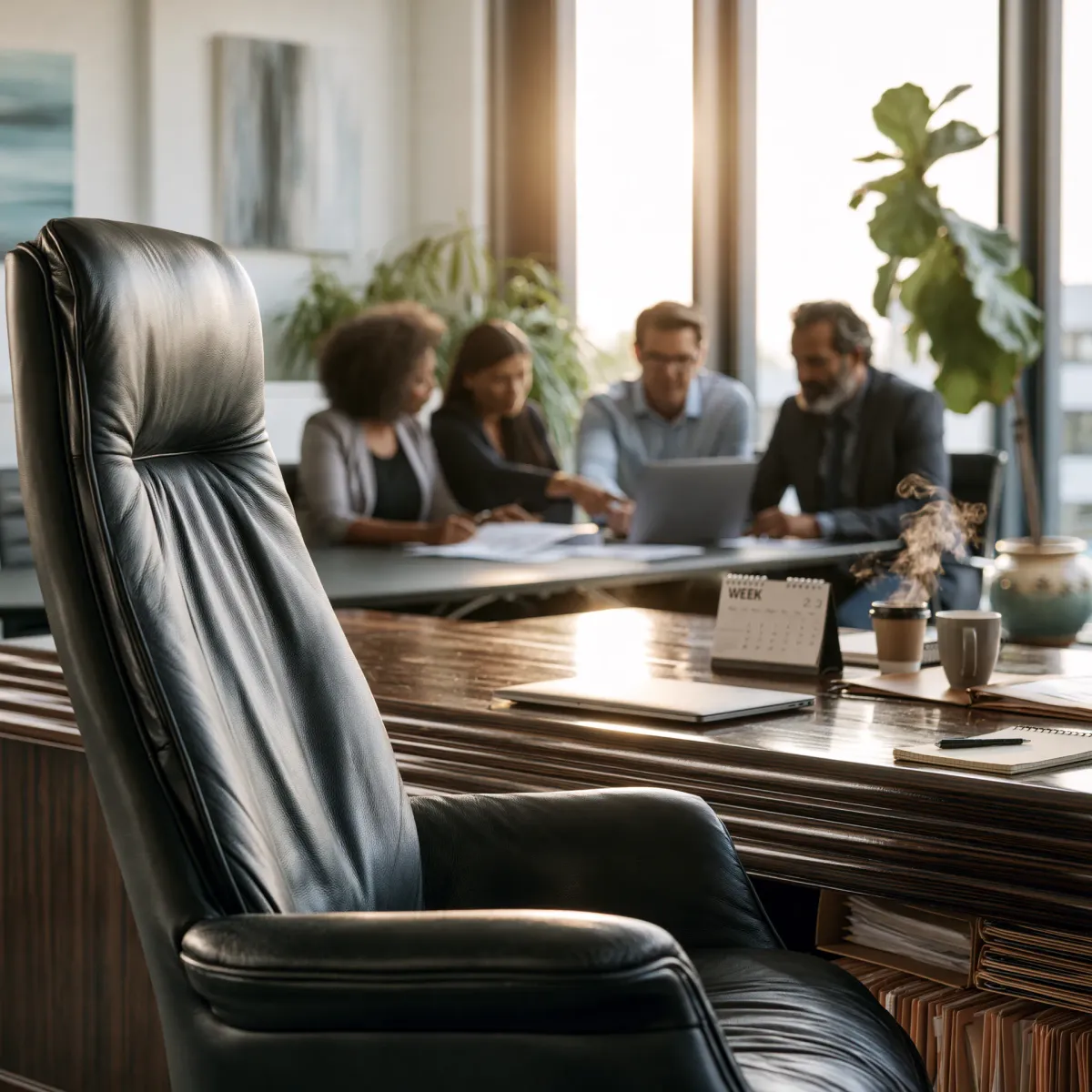 An empty executive chair in the foreground while a team meets around a conference table behind it, the owner absent.