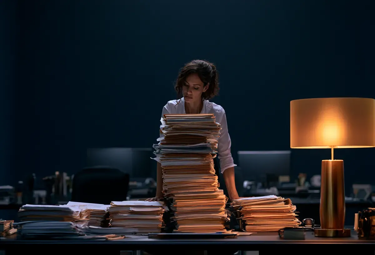A business owner working alone late at night, pushing a growing stack of unfinished work uphill, effort not turning into progress.